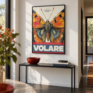 Butterfly Art Wall, framed on the wall of a modern hallway with a white wall and a dark floor