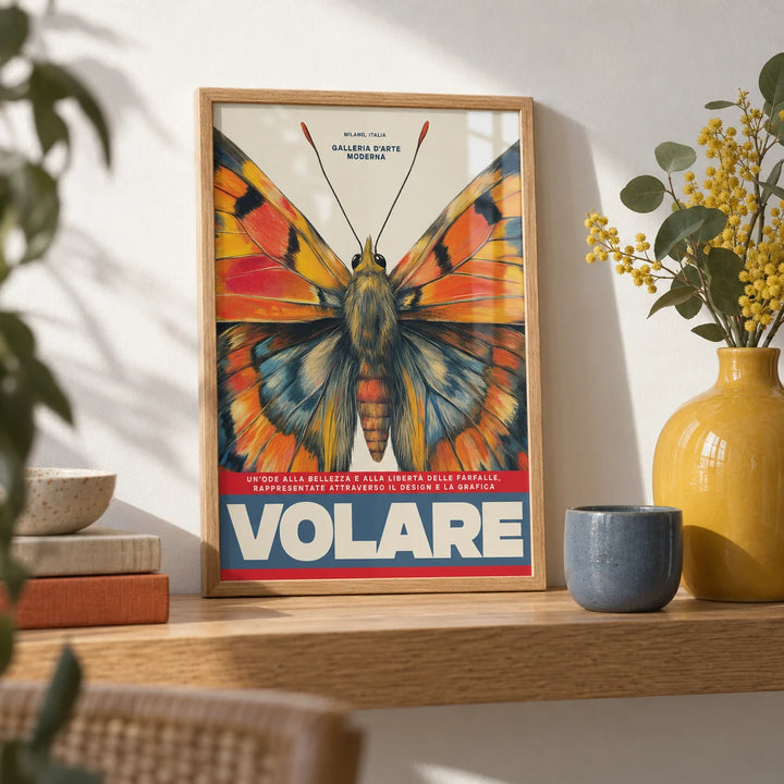 Butterfly Art Wall, a small A4 framed print leaning on an oak shelf in a living room