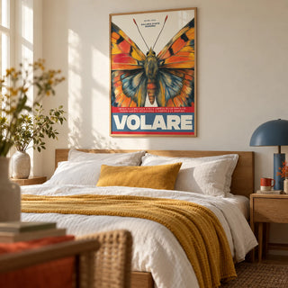 Butterfly Art Wall, framed on the wall of a warm modern bedroom with a soft cream wall