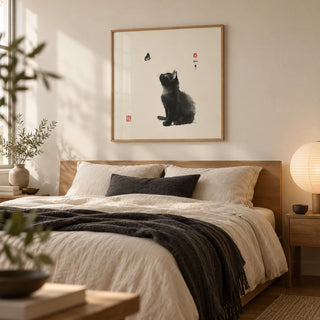 Butterfly Cat Poster, framed on the wall of a calm bedroom with a warm white wall
