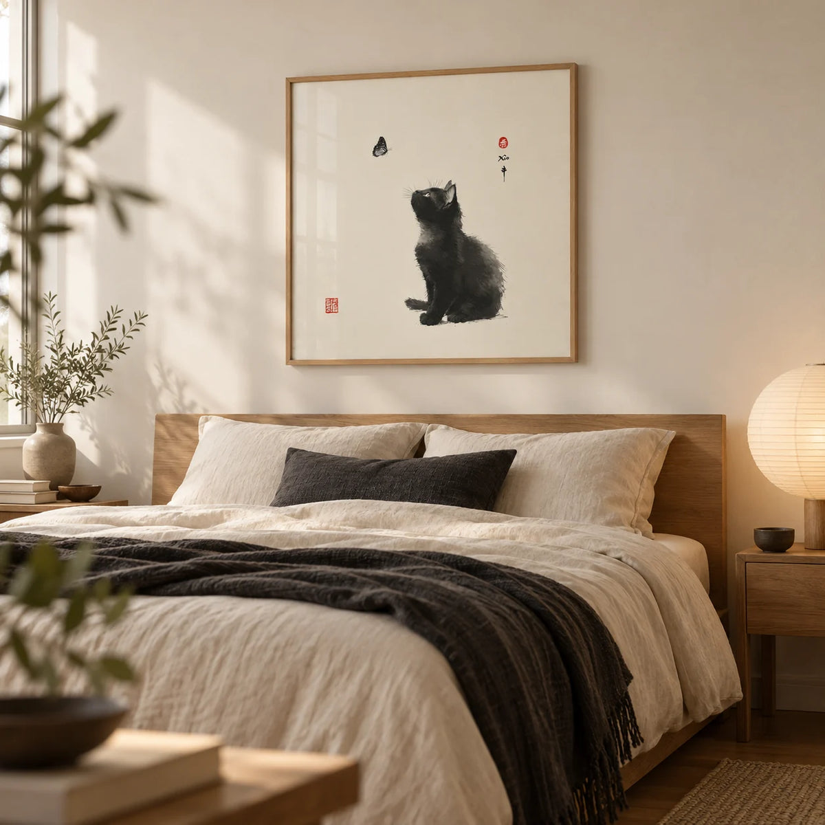 Butterfly Cat Poster, framed on the wall of a calm bedroom with a warm white wall