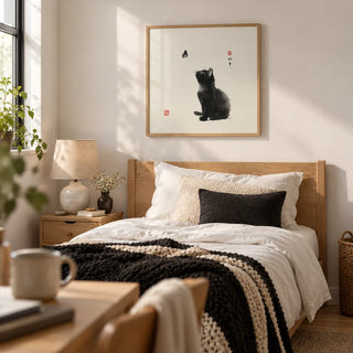 Butterfly Cat Poster, framed on the wall of a calm single bedroom for a female student or graduate (18-25)