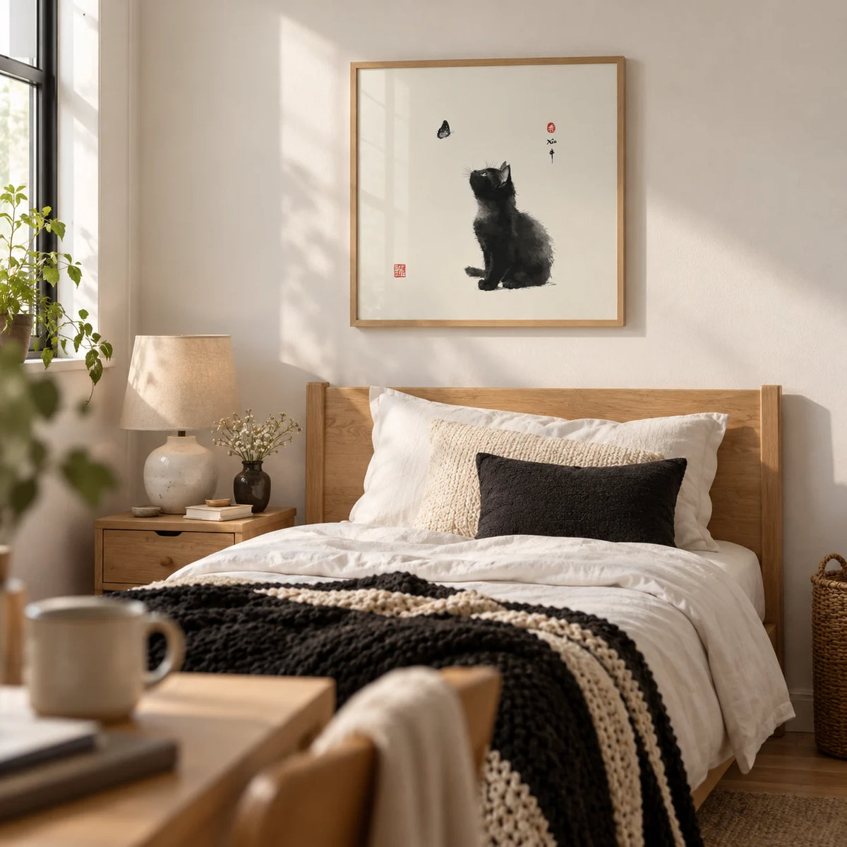 Butterfly Cat Poster, framed on the wall of a calm single bedroom for a female student or graduate (18-25)