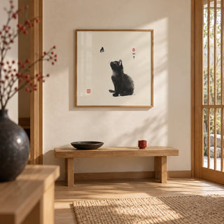 Butterfly Cat Poster, framed on the wall of a Japanese-style entrance hall with a pale oak floor and a cream wall