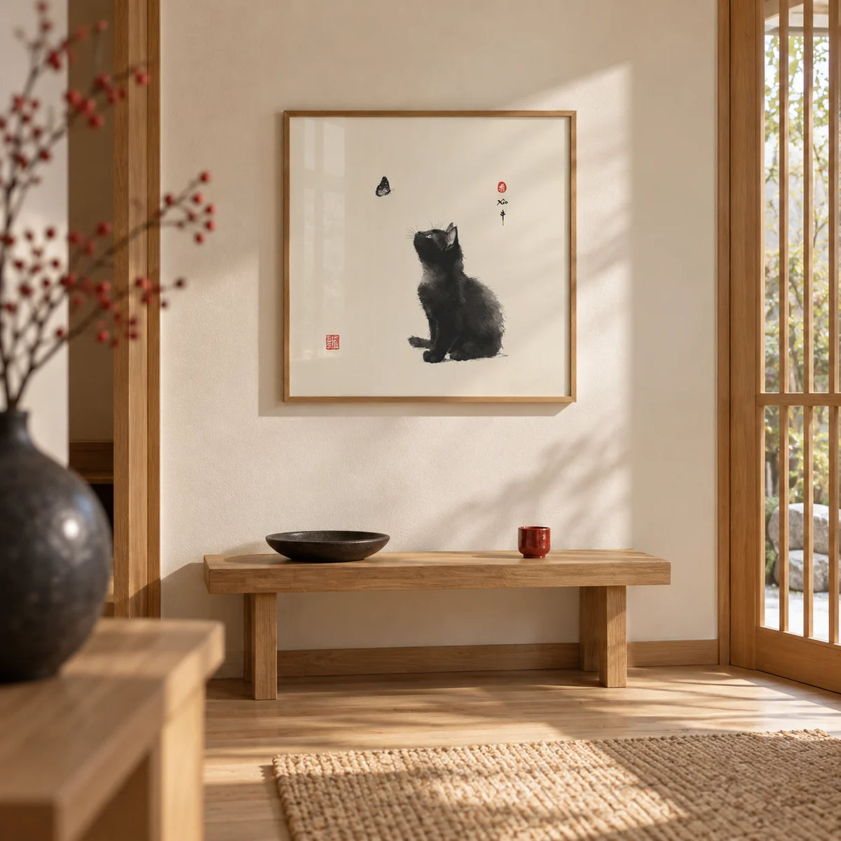 Butterfly Cat Poster, framed on the wall of a Japanese-style entrance hall with a pale oak floor and a cream wall