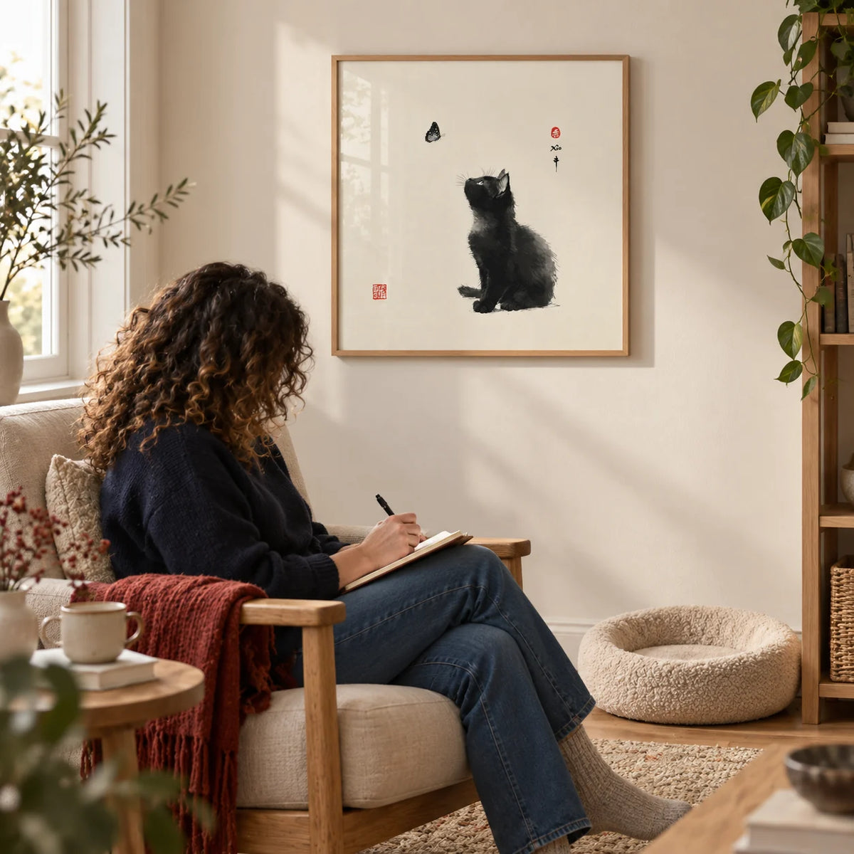 Butterfly Cat Poster, framed on the wall of a quiet reading corner with a cream wall in a living room