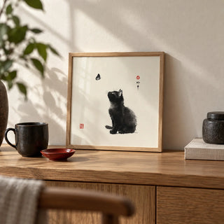 Butterfly Cat Poster, a small A4 framed print leaning on an oak shelf in a living room