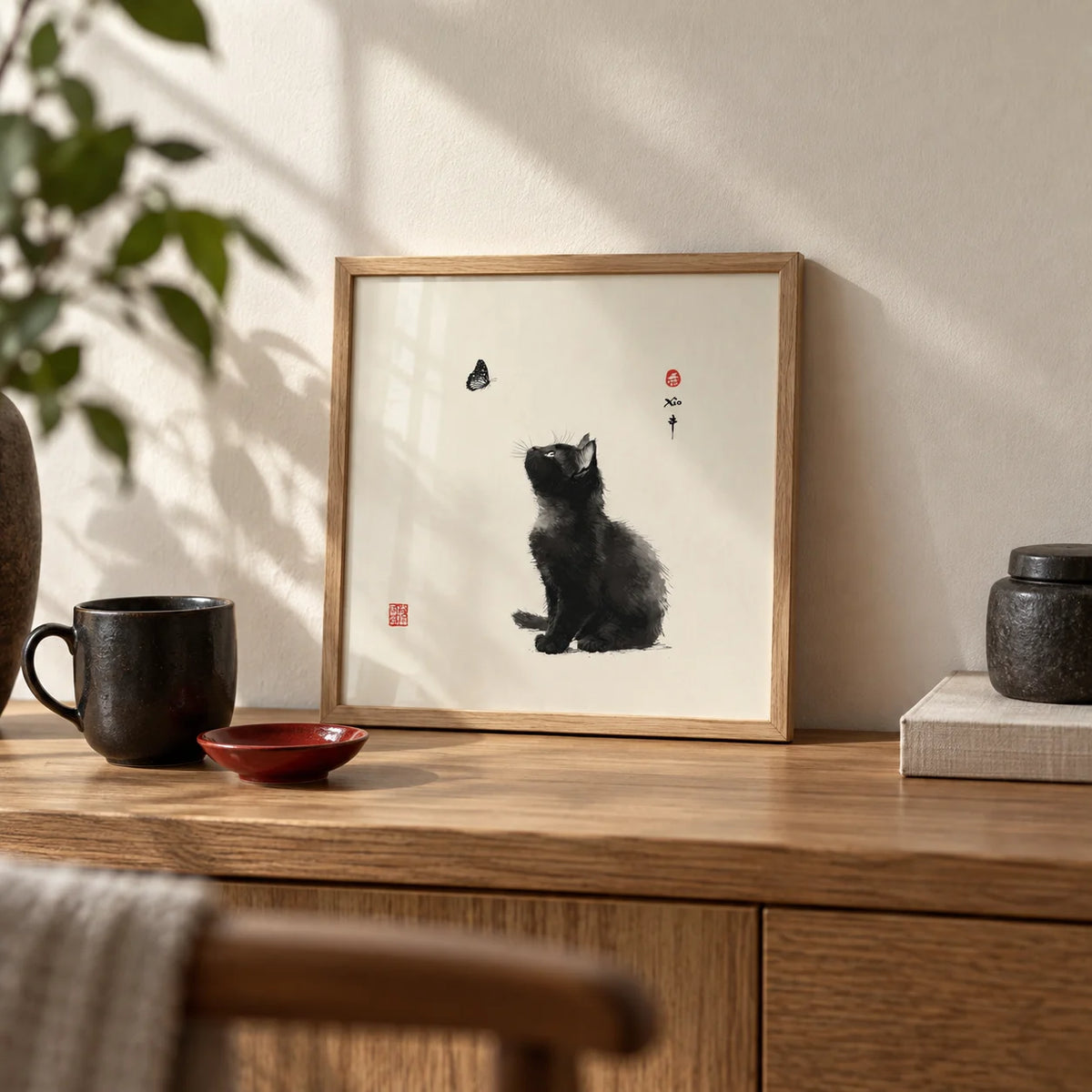 Butterfly Cat Poster, a small A4 framed print leaning on an oak shelf in a living room