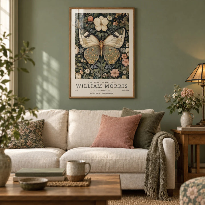 Butterfly Posters, framed on the wall of a calm Arts and Crafts living room with a sage green painted wall and an oak floor