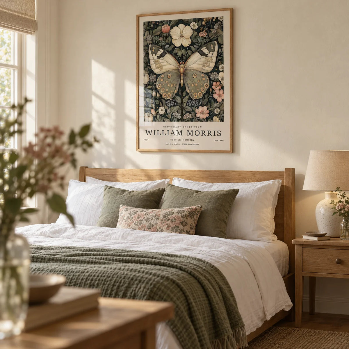 Butterfly Posters, framed on the wall of a calm cottage bedroom with a soft cream wall
