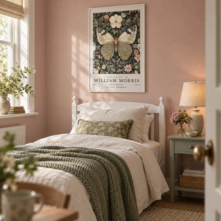 Butterfly Posters, framed on the wall of a pretty single guest bedroom with a dusty pink wall