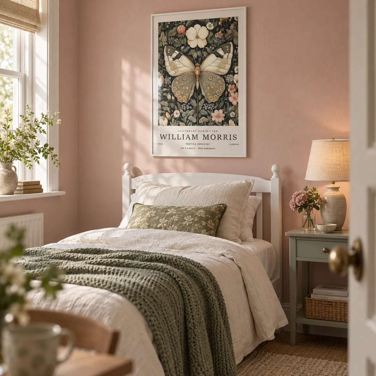 Butterfly Posters, framed on the wall of a pretty single guest bedroom with a dusty pink wall
