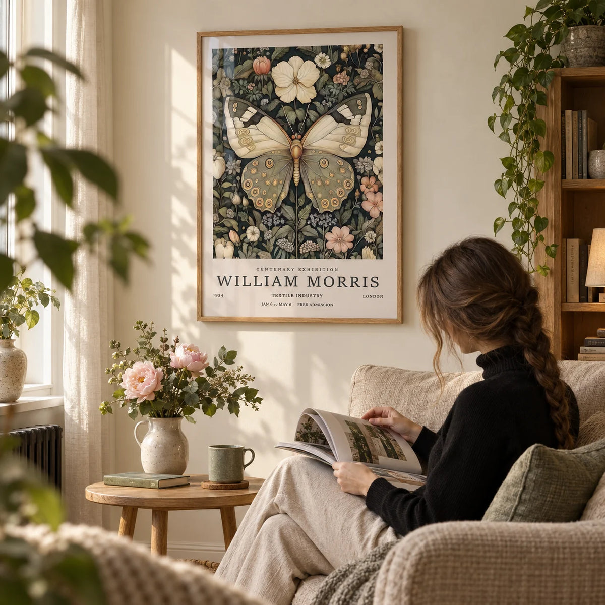 Butterfly Posters, framed on the wall of a quiet reading corner with a warm cream wall in a living room
