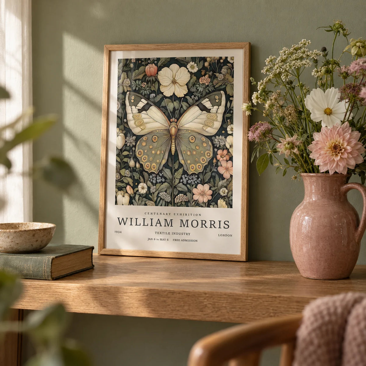 Butterfly Posters, a small A4 framed print leaning on an oak shelf in a living room