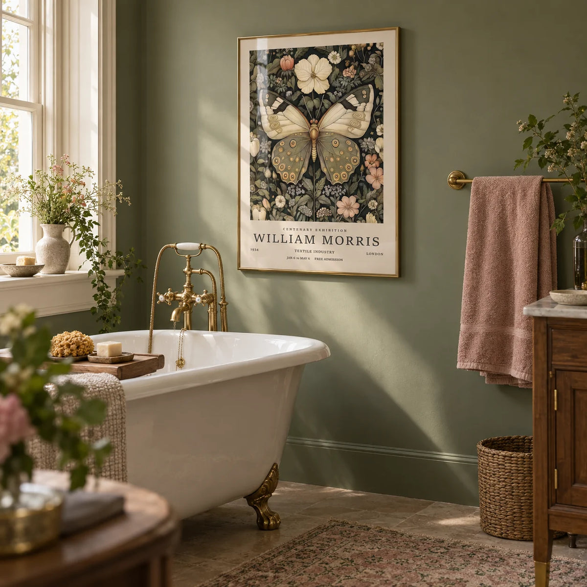 Butterfly Posters, framed on the wall of a traditional bathroom with a sage green wall and a white roll-top bath