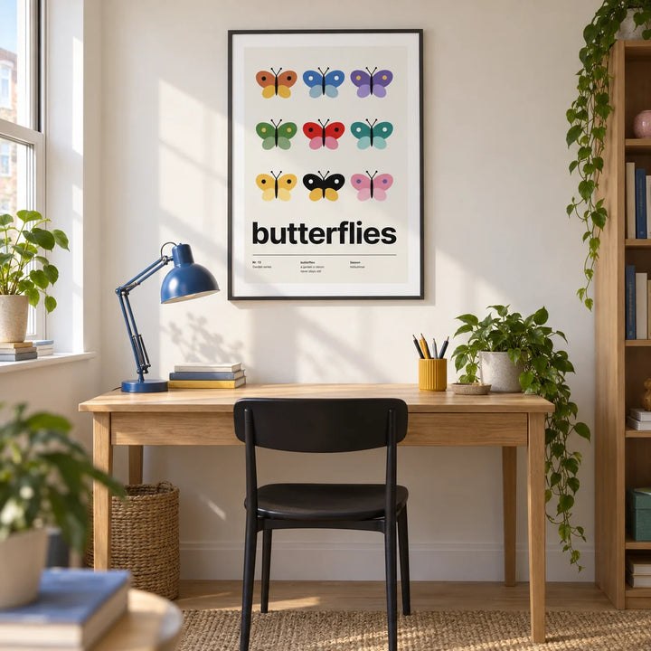 Butterfly Specimen Print, framed on the wall of a bright home study in a UK first flat (22-28)