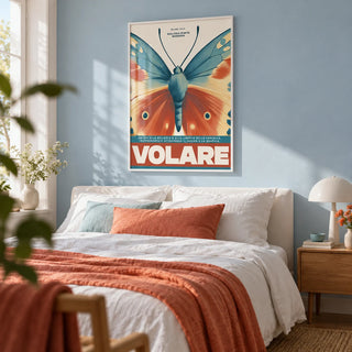 Butterfly Wall Art, framed on the wall of a calm bedroom with a soft powder blue wall
