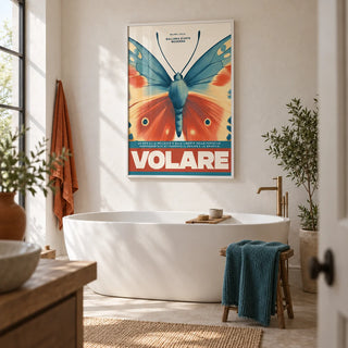 Butterfly Wall Art, framed on the wall of a calm modern bathroom with a soft white plaster wall