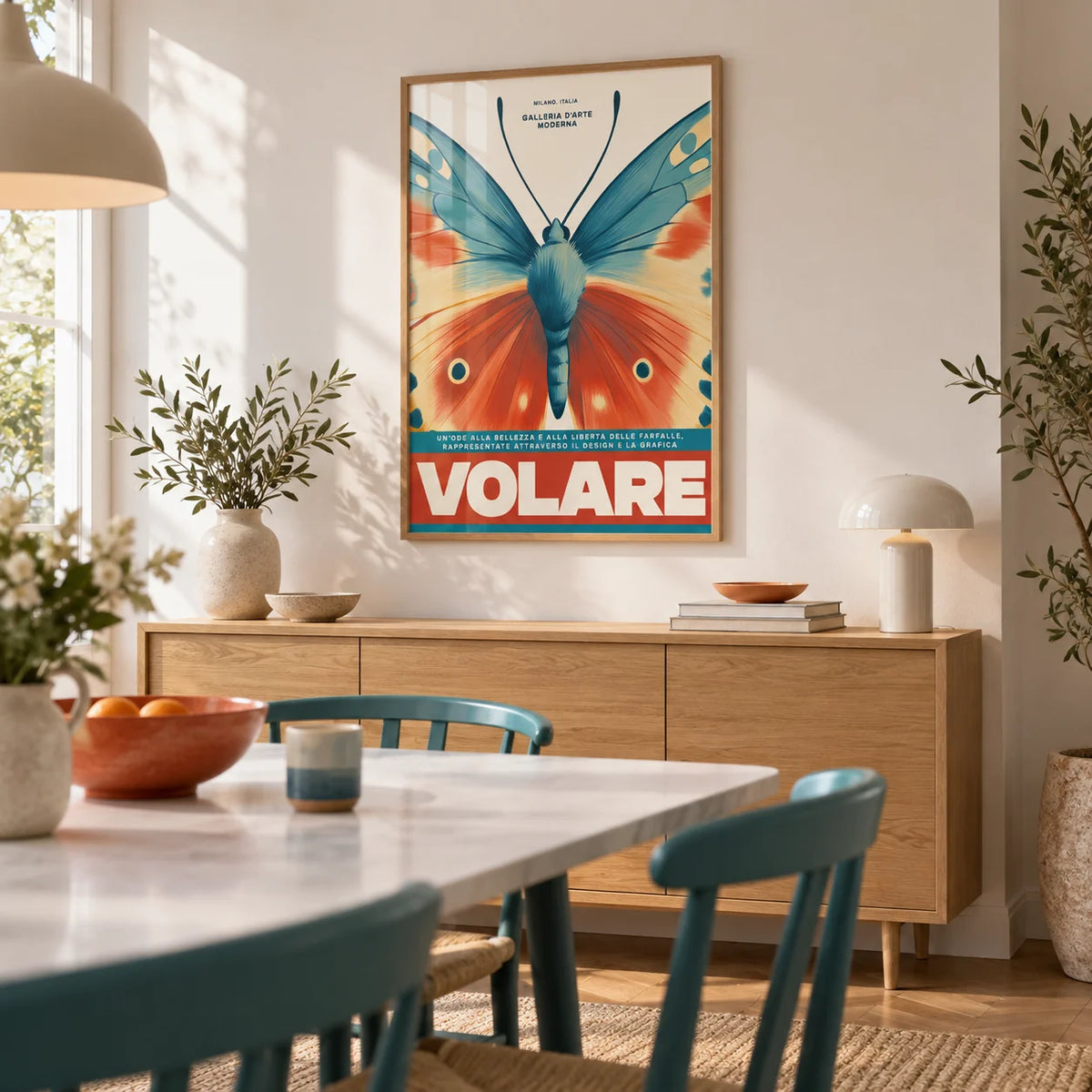 Butterfly Wall Art, framed on the wall of a modern dining room with a white wall