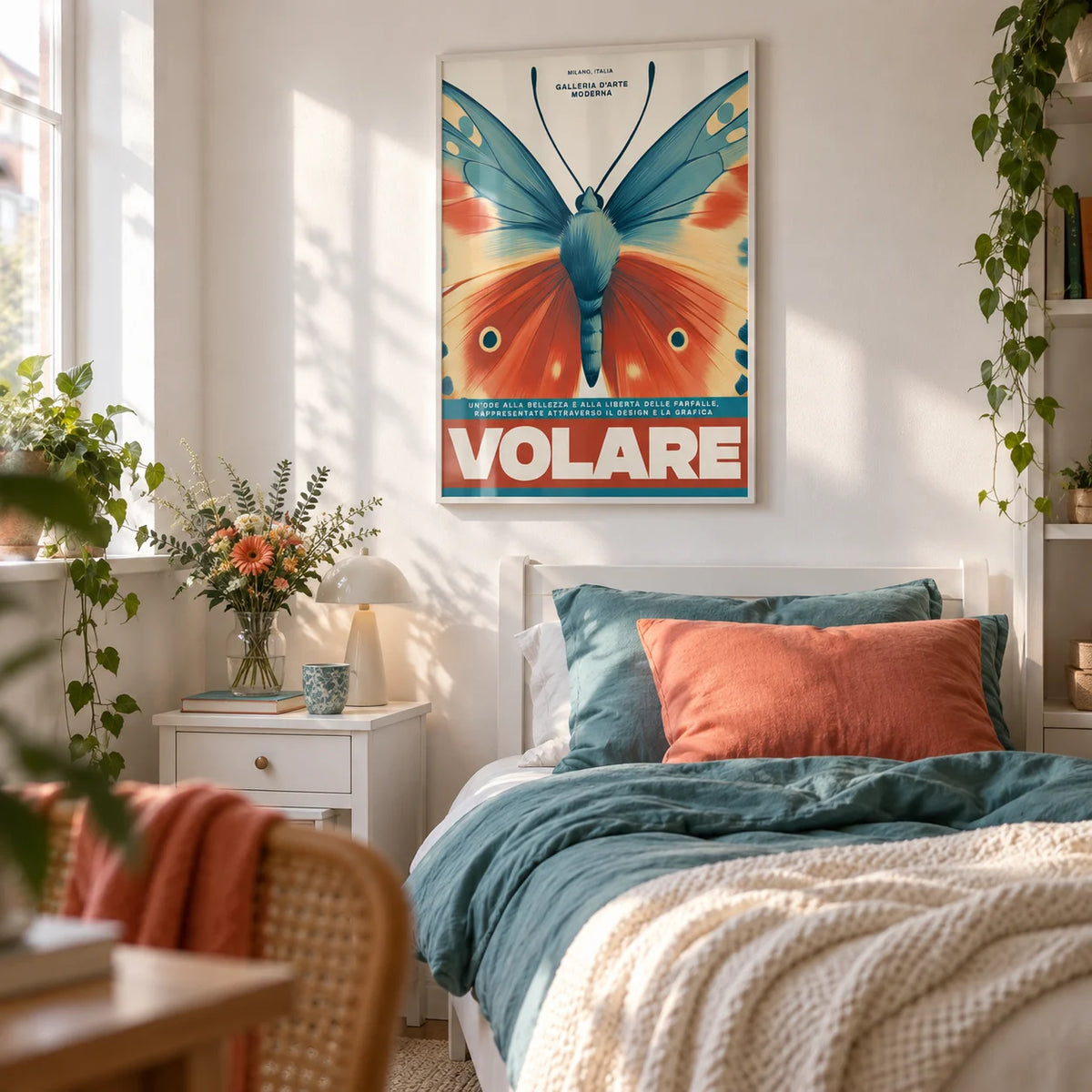 Butterfly Wall Art, framed on the wall of a pretty single bedroom for a young woman (16-24) with a white wall