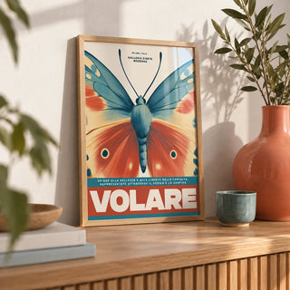 Butterfly Wall Art, a small A4 framed print leaning on an oak shelf in a living room