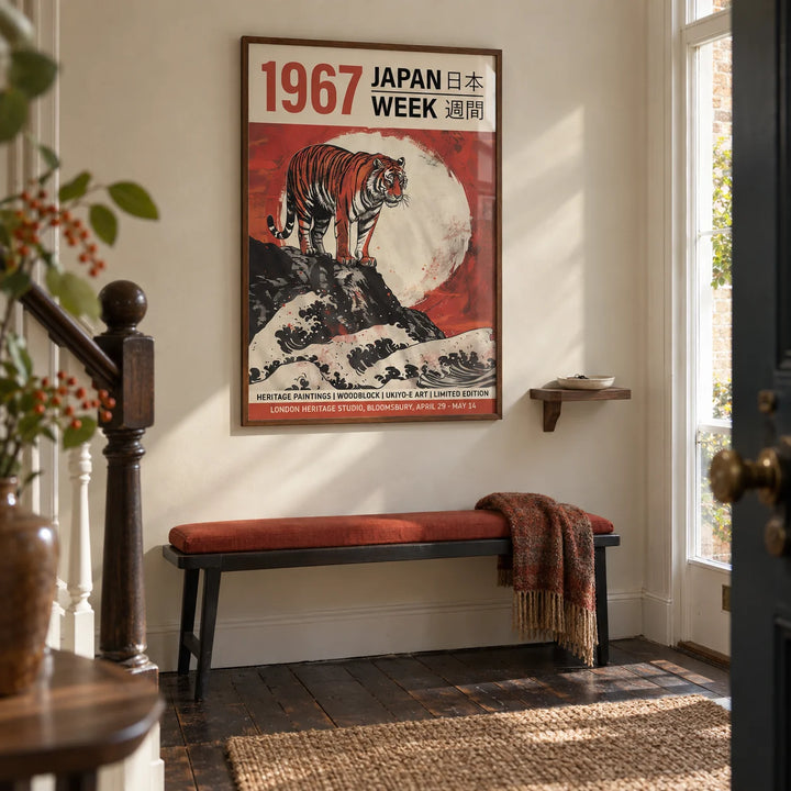 Buy Japanese Woodblock Prints, framed on the wall of a characterful entrance hall in a UK terrace with cream plaster walls and dark timber floorboards
