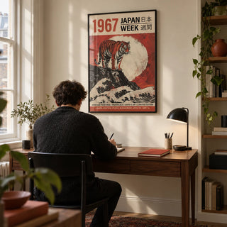 Buy Japanese Woodblock Prints, framed on the wall of a compact home study for an art collector in a UK flat with a warm cream wall and a simple black desk lamp