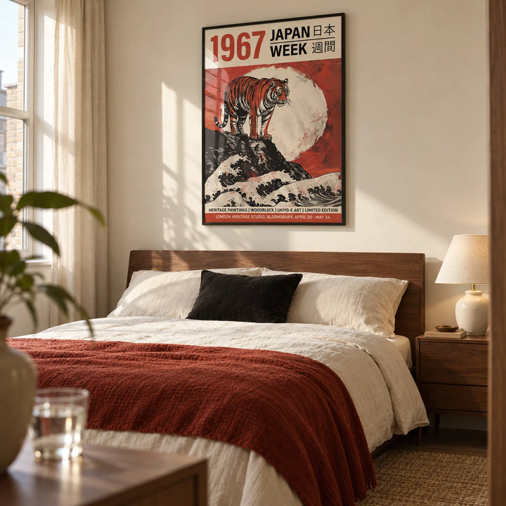 Buy Japanese Woodblock Prints, framed on the wall of a grown-up modern bedroom in a UK flat with warm cream walls and simple walnut furniture