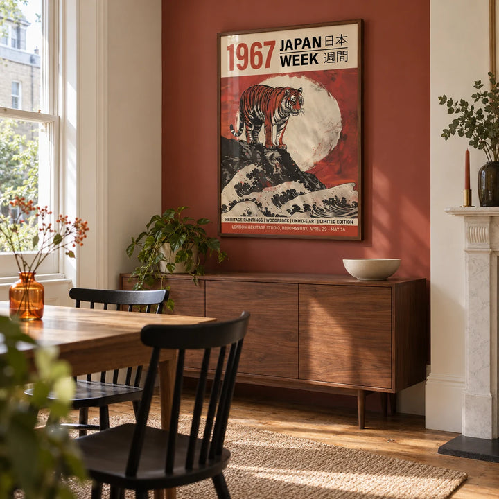 Buy Japanese Woodblock Prints, framed on the wall of a modern dining room in a Victorian terrace with warm white walls and an alcove painted muted brick red