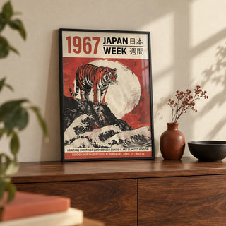 Buy Japanese Woodblock Prints, a small A4 framed print leaning on a walnut sideboard in a living room