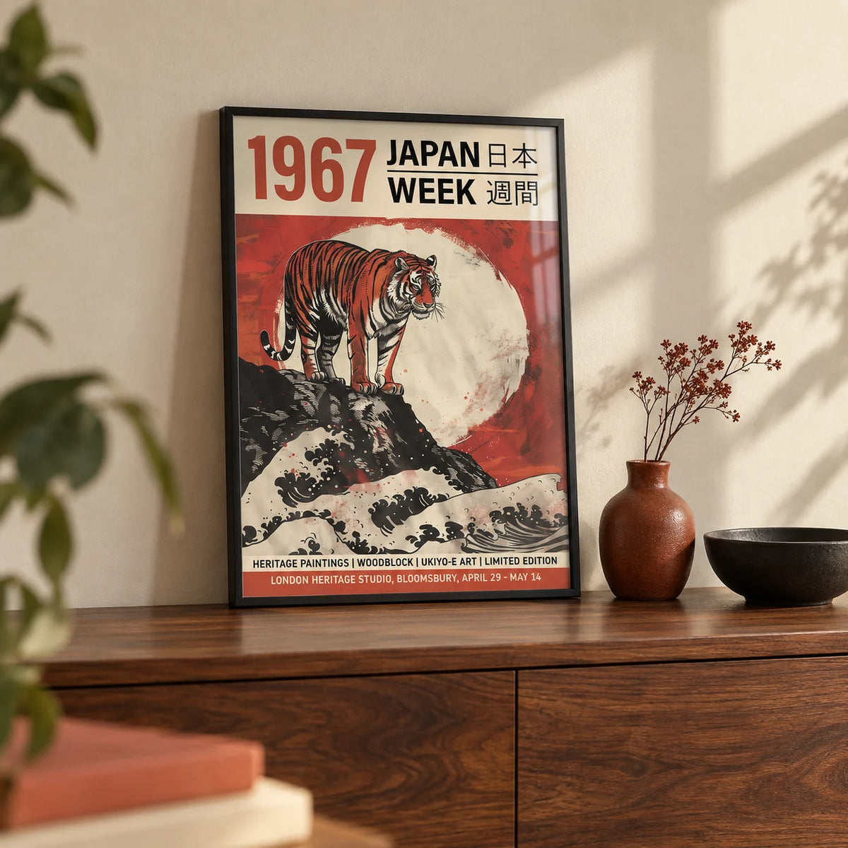 Buy Japanese Woodblock Prints, a small A4 framed print leaning on a walnut sideboard in a living room