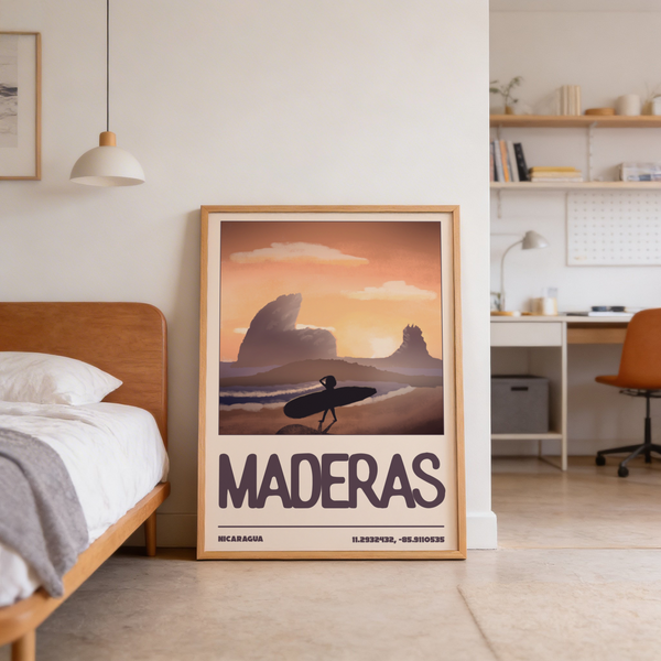 Painterly coastal scene with warm orange and beige horizon bands