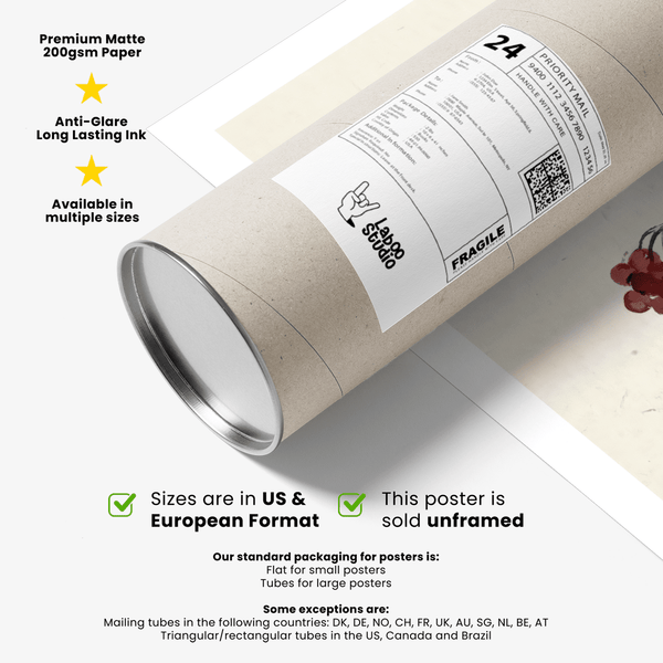 Minimal botanical poster with berries, wood table, and open background