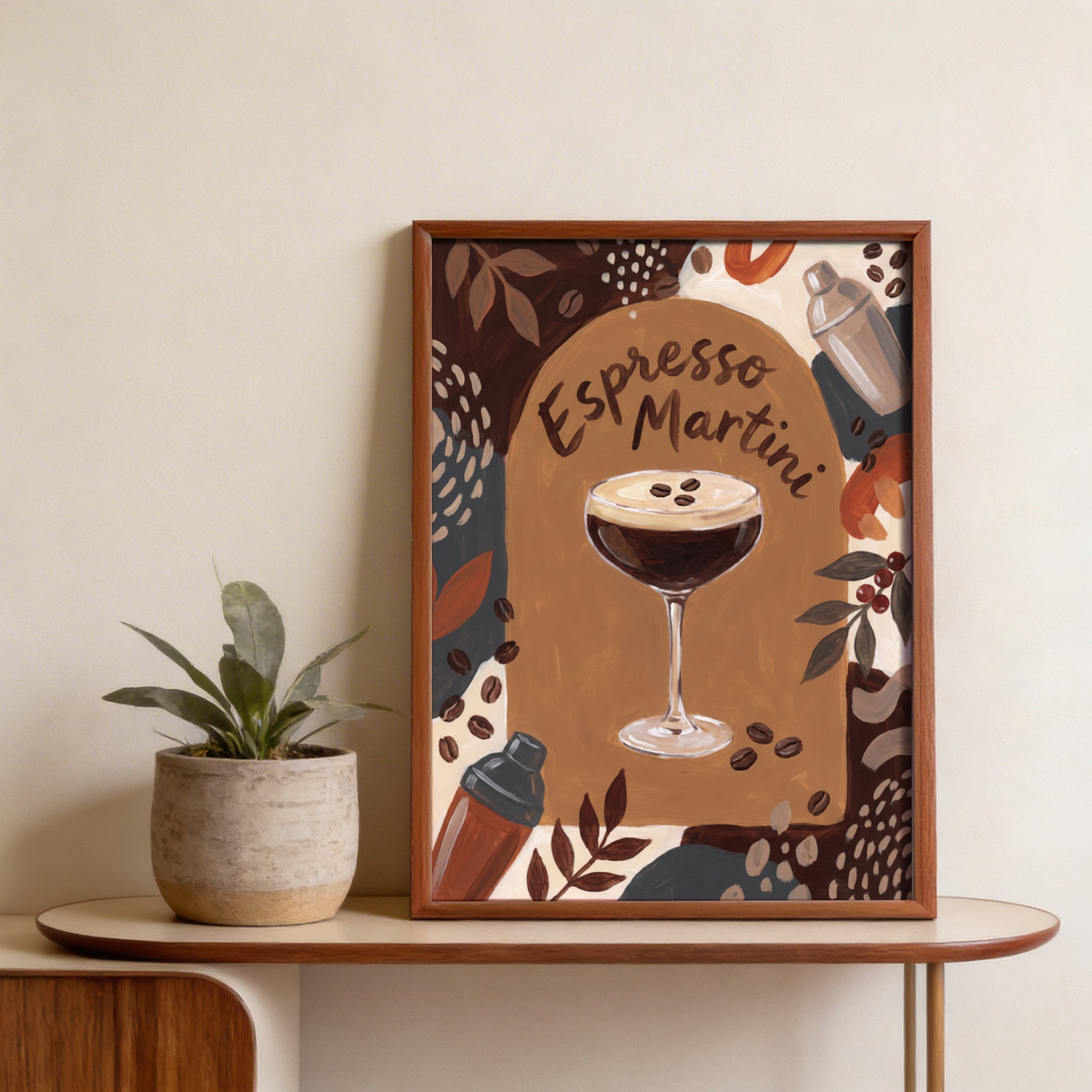 Close-up wall art print of espresso martini foam with three beans in a coupe glass