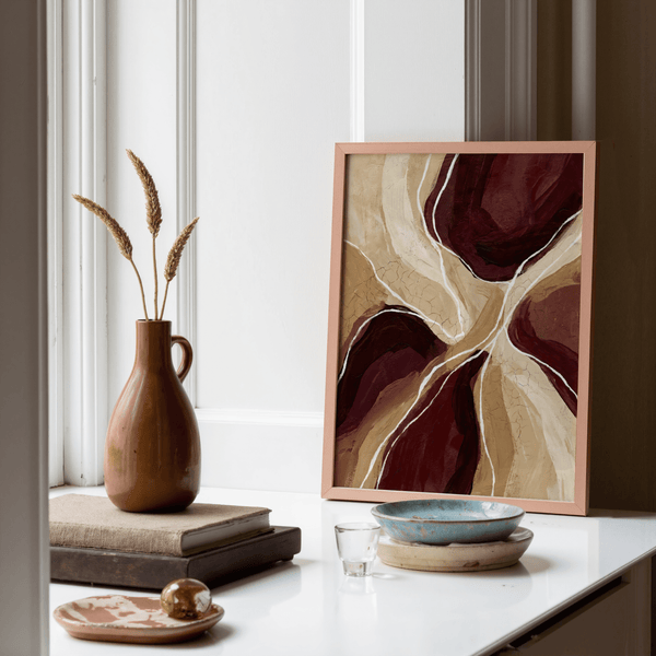 Modern Organic Abstract Art Print featuring Red, Brown, and Beige for office
