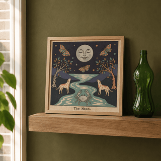 Vintage-style wall art print of The Moon Tarot Card Art with two wolves and a crab by a winding river