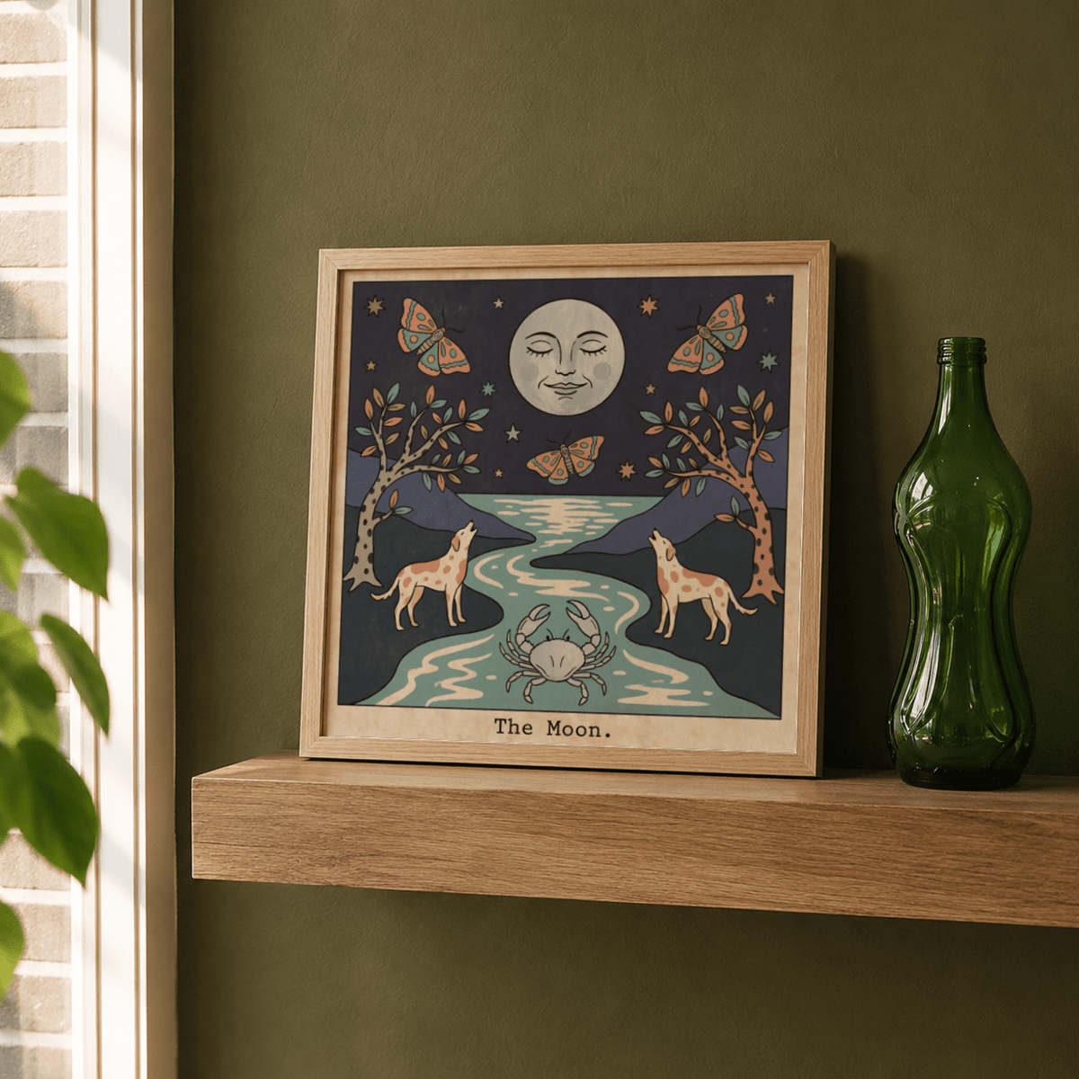 Vintage-style wall art print of The Moon Tarot Card Art with two wolves and a crab by a winding river