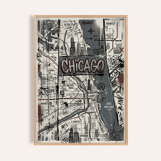 Chicago Street Art map print with bold CHICAGO lettering and graffiti grid