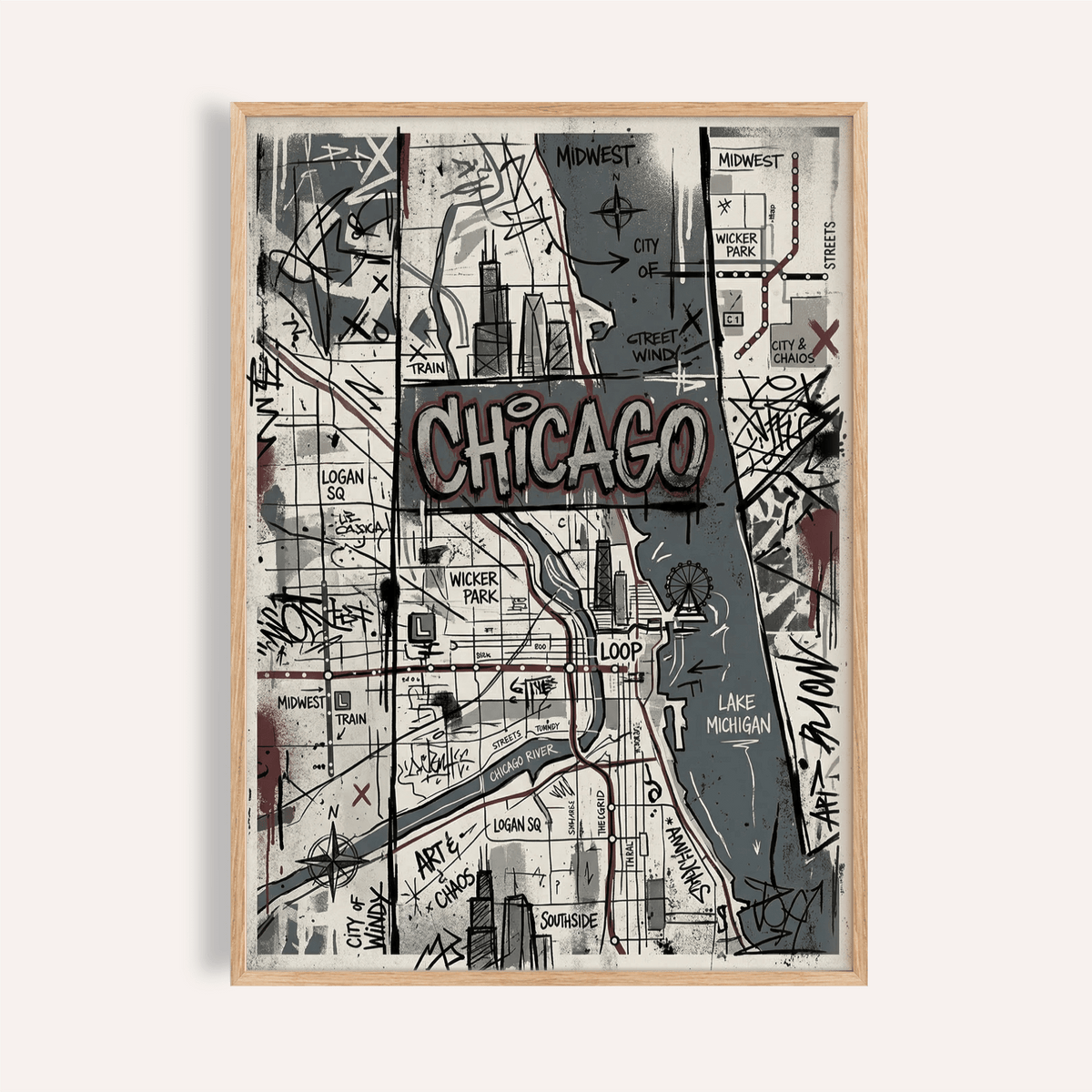 Chicago Street Art map print with bold CHICAGO lettering and graffiti grid