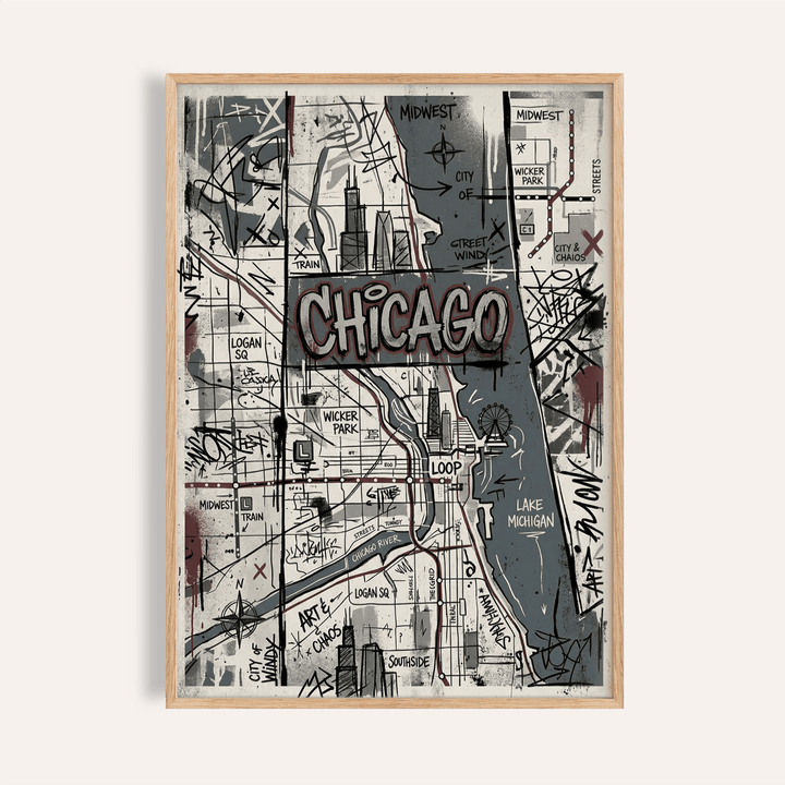 Chicago Street Art map print with bold CHICAGO lettering and graffiti grid