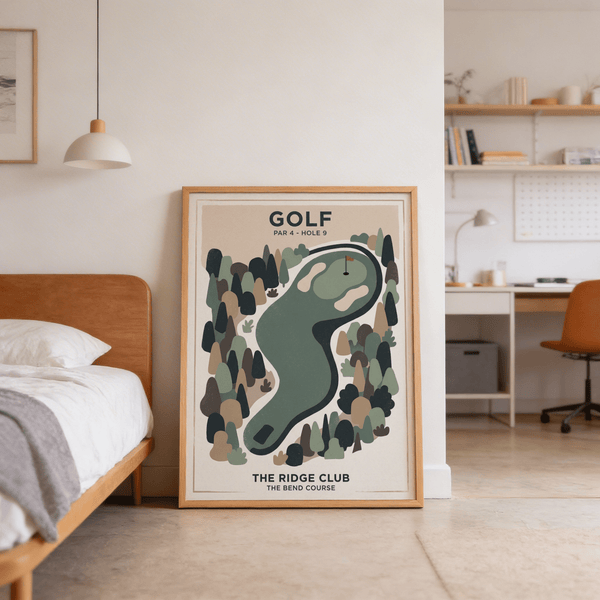Overhead golf course poster illustrating par-4 hole layout