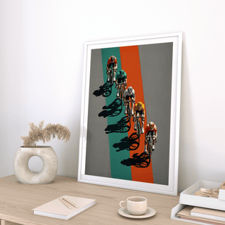 Top-down cyclists poster with vertical stripe background and strong negative space wall art