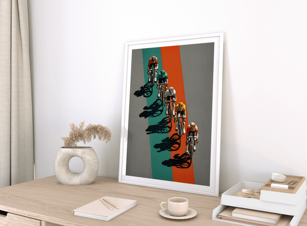 Top-down cyclists poster with vertical stripe background and strong negative space wall art