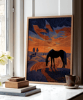 Horse Sunset Art Print featuring off-center horse and rolling contour lines