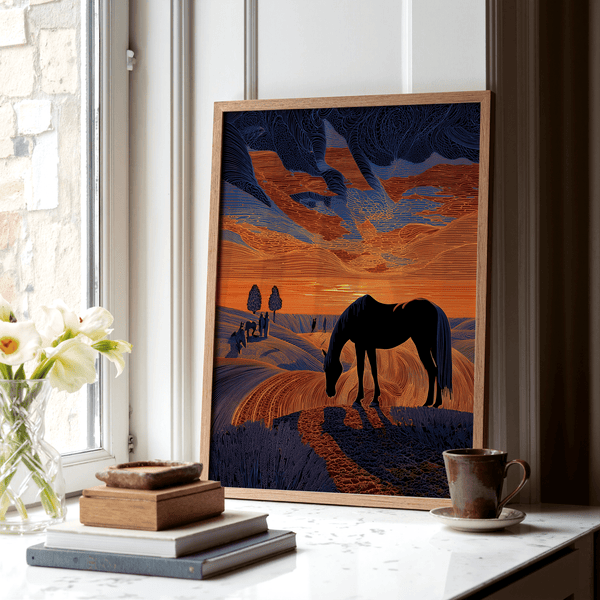 Horse Sunset Art Print featuring off-center horse and rolling contour lines