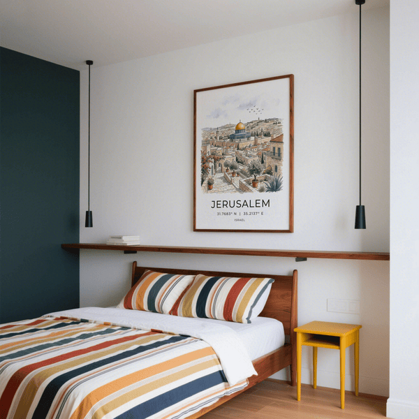 Graphic city coordinate wall art print reading Jerusalem with skyline illustration