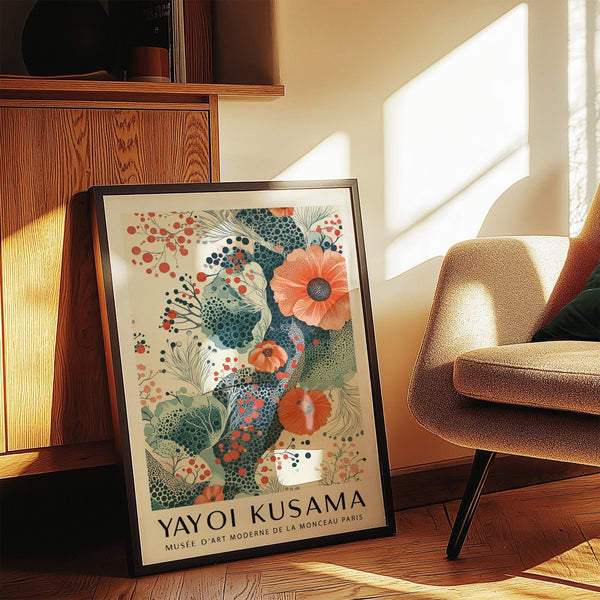 Abstract orange and teal wall art with ink-style florals and berry patterns