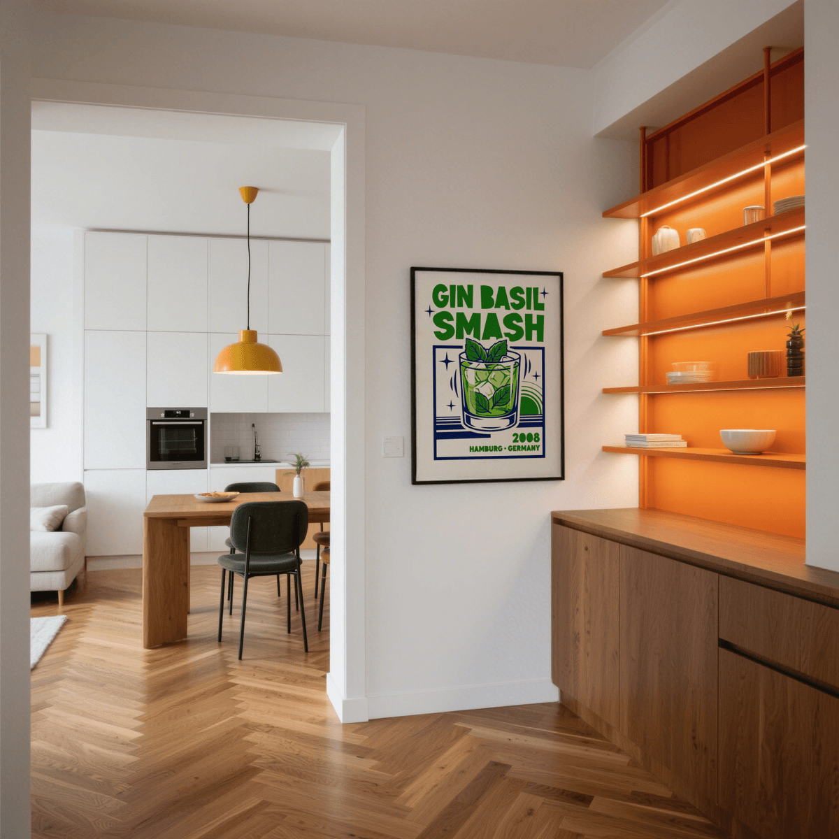 Gin Basil Smash Poster for home bar with Blue and Green cocktail art print