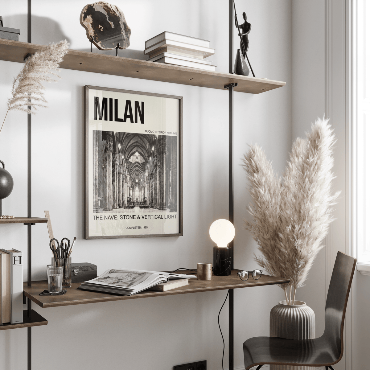 Vintage-style Milan Architecture Art Print showing Duomo nave arches
