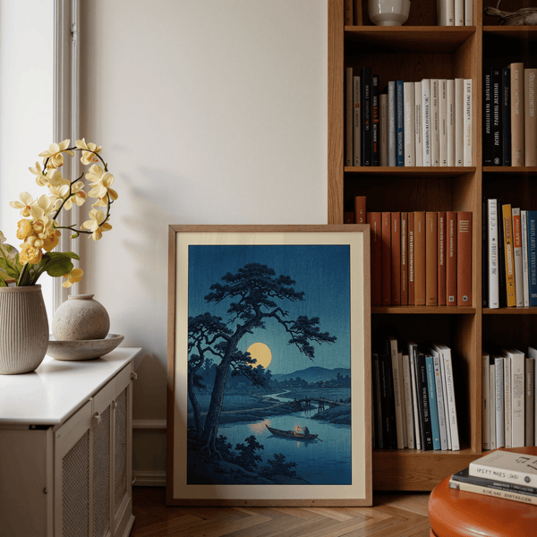 Moonlight Print poster featuring a bright moon behind a pine silhouette